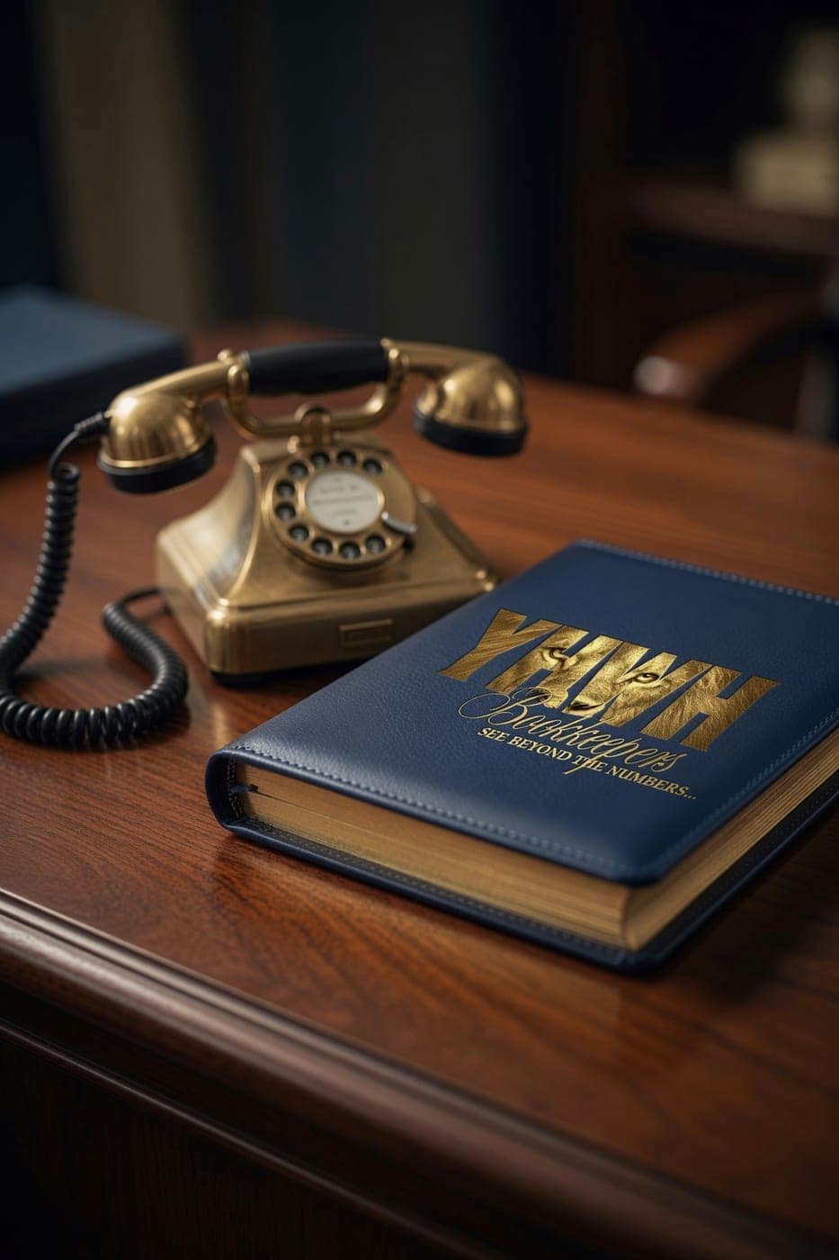 YHWH Bookkeepers branded notebook and telephone on an office desk